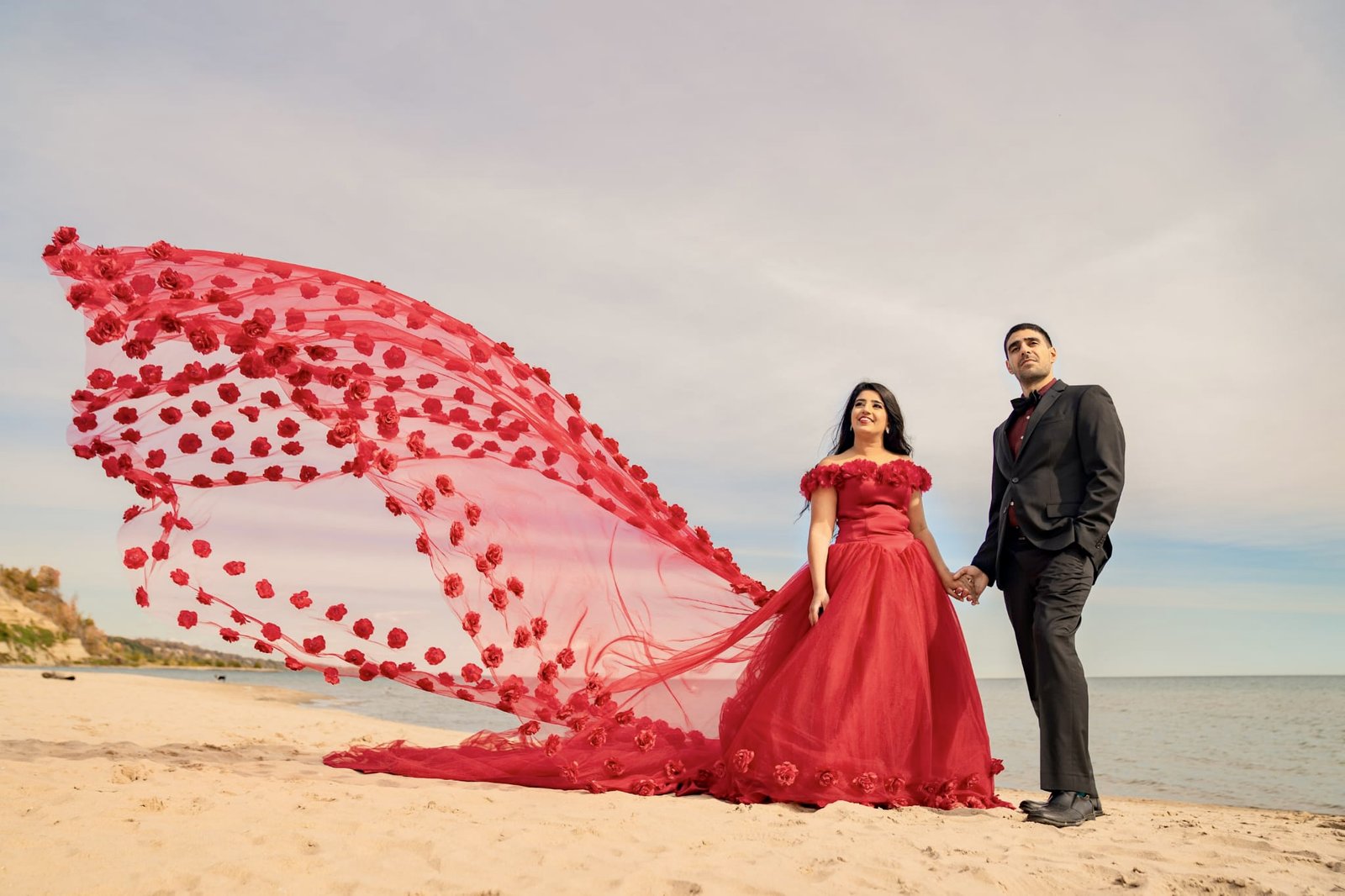 Flying red train on the beach